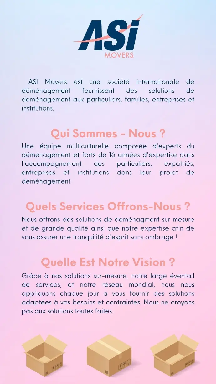 ASI Movers est une entreprise de déménagement internationale fournissant des solutions déménagement aux particuliers, famille, entreprises et institutions en Chine, au Vietnam, au Cambodge, à Singapour, et en France.